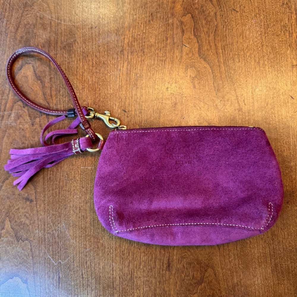 Y2K Coach Wristlet Women Small Purple Suede Tassel Pouch Leather Strap Brass